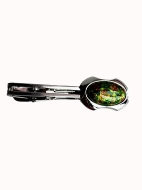 Vintage Green Cloisonne Tie Clip Bar Silver Tone Oval Enamel Mens Formal Groom